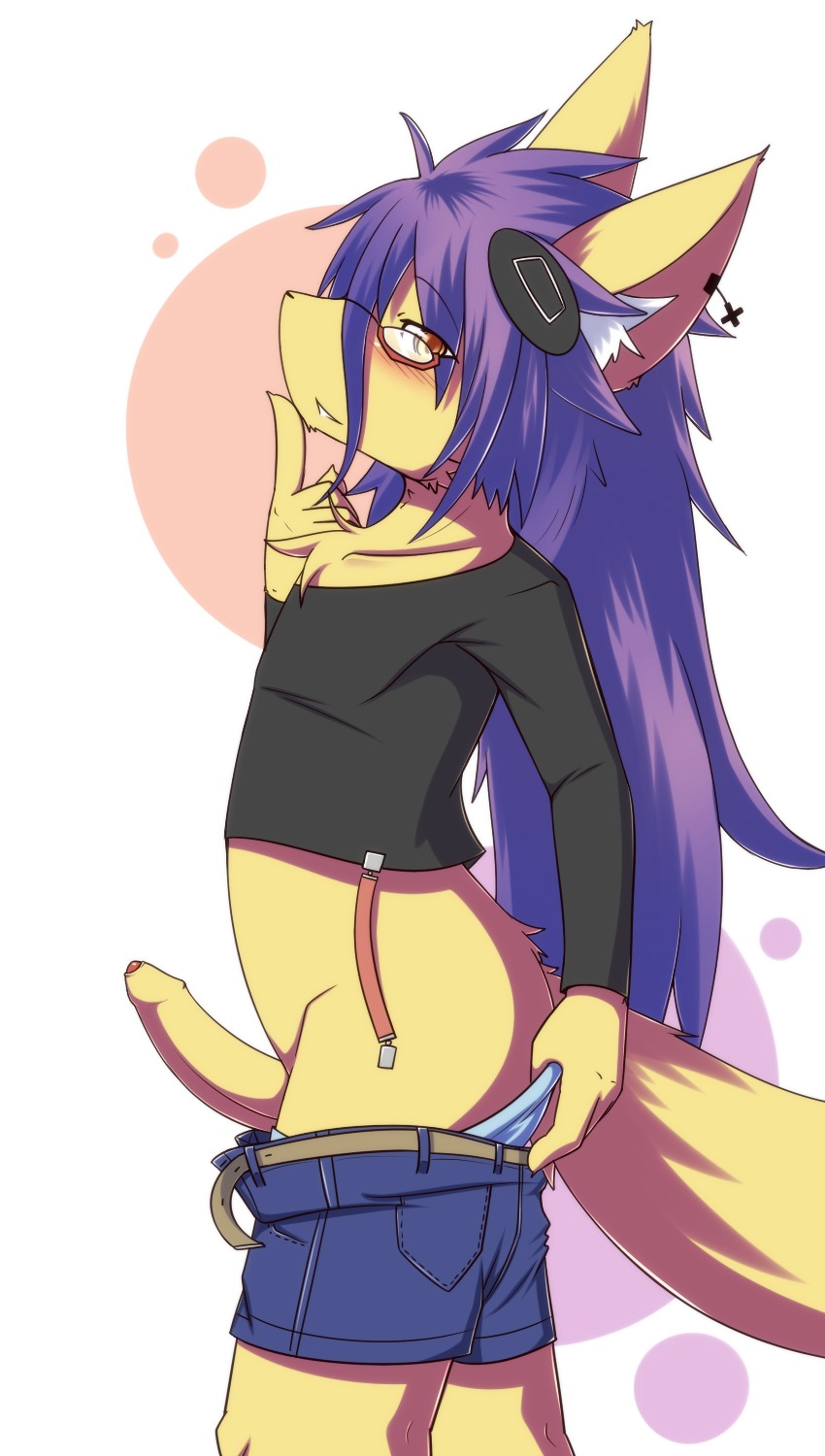2014 anthro biped bottomwear canid canine canis clothed clothing e621 ear_piercing erection eyewear femboy foreskin genitals glasses hair handymonsters hane hi_res humanoid_genitalia humanoid_penis itsuki_(hane) long_hair looking_at_viewer male mammal orange_eyes penis piercing purple_hair shorts simple_background solo standing undressing wolf