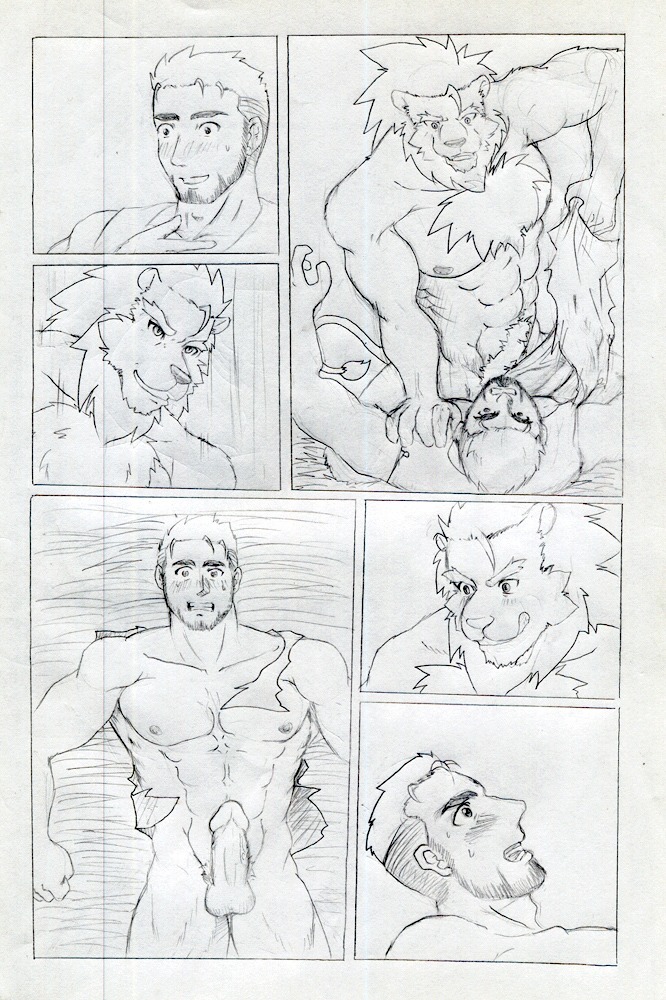 abs balls blaion blush clothing comic duo e621 erection felid genitals human interspecies lion male male/male mammal monochrome multiple_scenes muscular pantherine penis pubes tail tail_tuft torn_clothing tuft