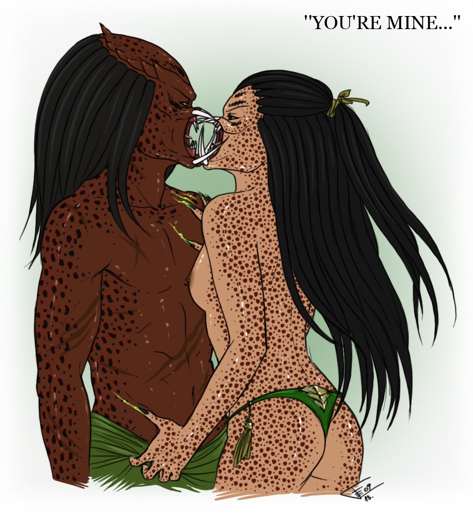 1girls 2009 2d abs alien ass black_hair braid breasts brown_eyes claws dark_hair dark_skin dialogue english_text facial_markings female female_yautja fiji-fujii green_blood green_eyes horns kissing long_hair male markings nipples open_mouth predator_(franchise) rule34 scar spots straight text thong topless uncensored yautja