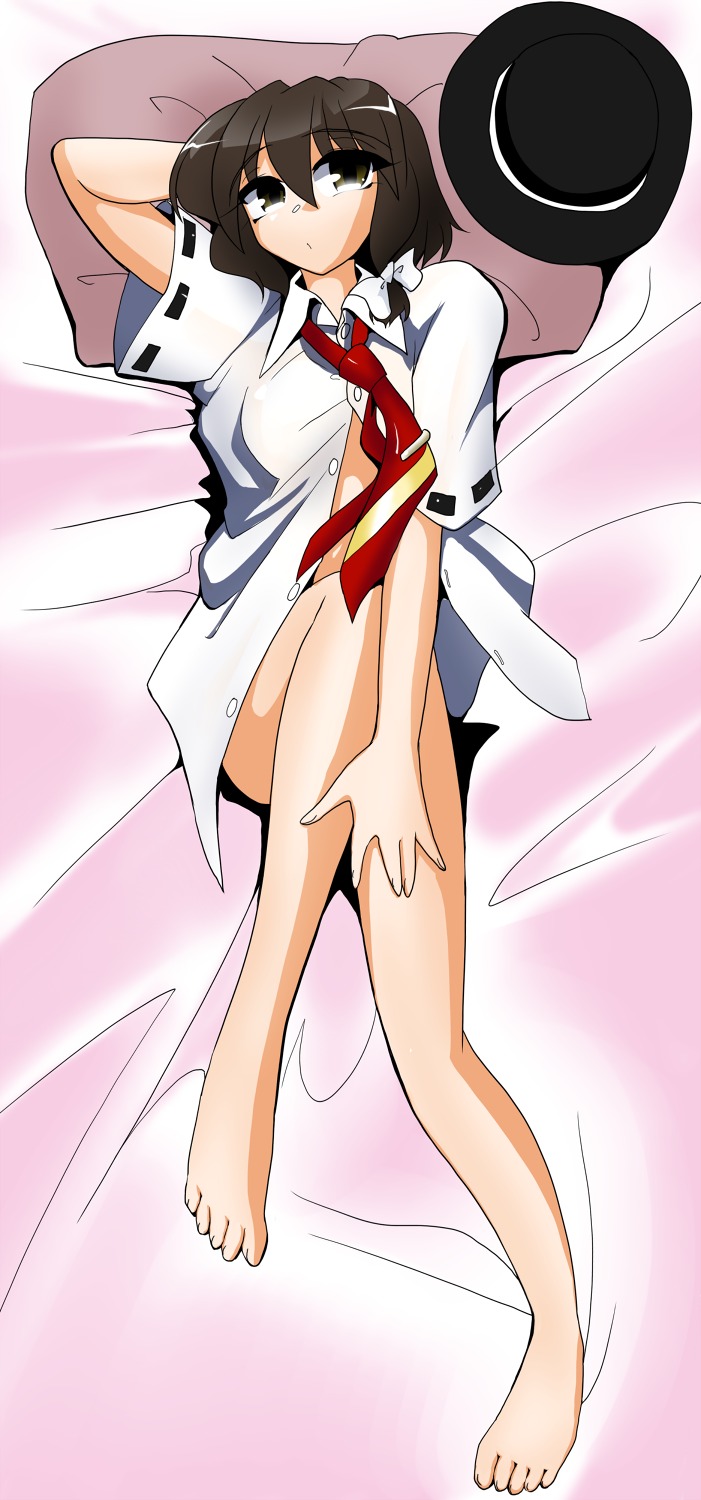 barefoot bottomless bow brown_hair female hat hat_removed highres kieyza necktie renko_usami rule34 touhou yellow_eyes