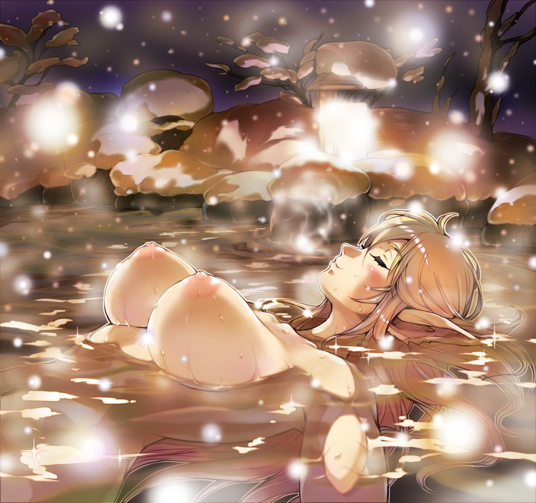 1girls blush breasts closed_eyes elf female floating hisahiko huge_breasts large_breasts long_hair nipples nude onsen original pointy_ears relaxing rule34 smile solo water wet