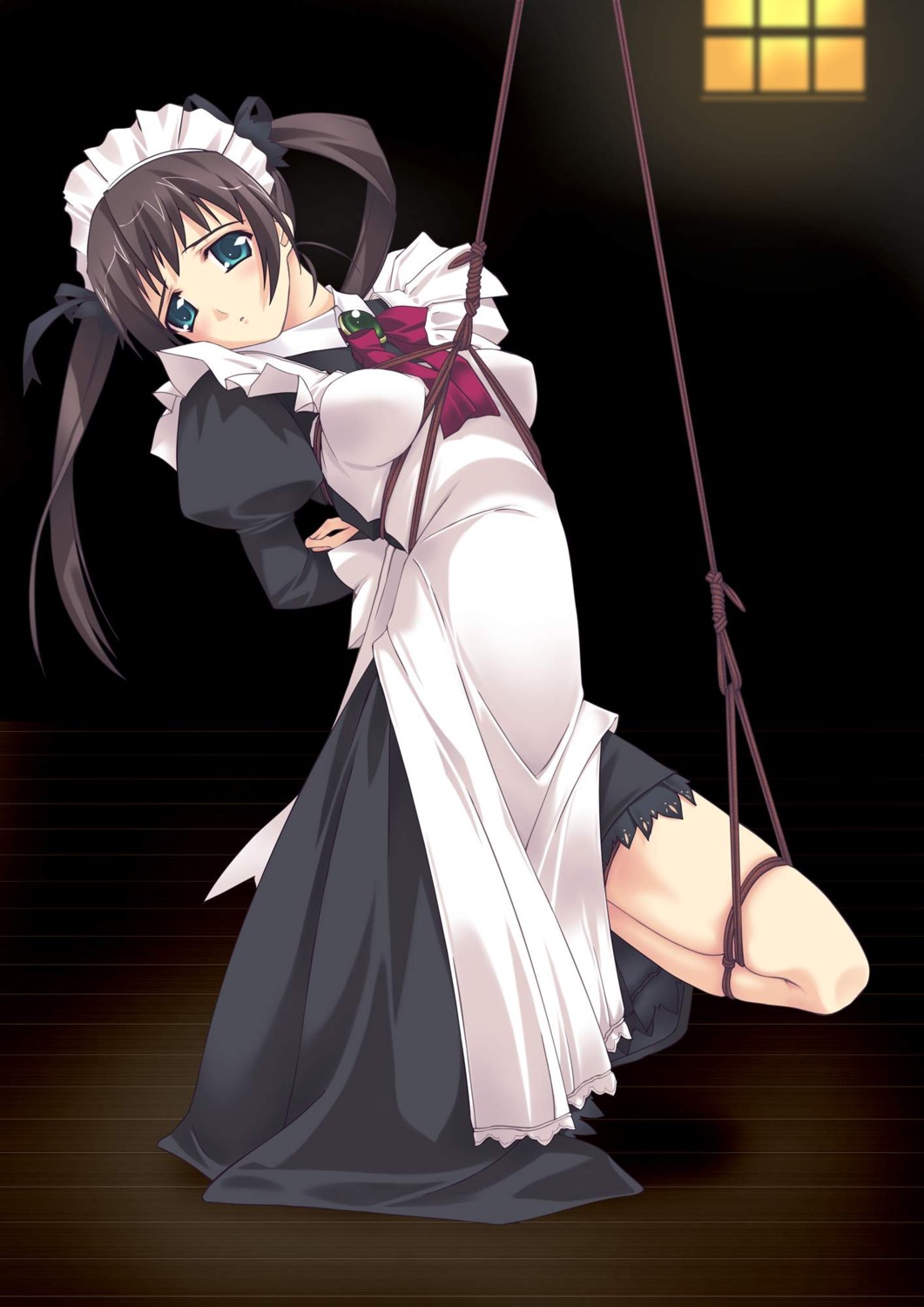 1girls arms_behind_back arms_bound arms_bound_behind_back black_hair_ribbon black_ribbon blue_eyes bondage brown_hair f-ism female female_focus female_human female_only highres human human_female human_focus human_only maid murakami_suigun original predicament_bondage red_ribbon ribbon ribbons rope rule34 solo solo_female solo_focus tied_hair twintails