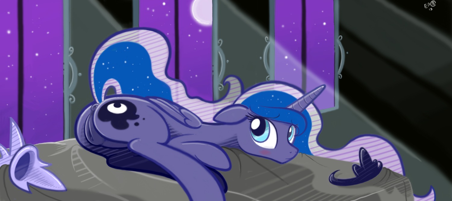 2013 anus b-epon bedroom blue_body blue_eyes blue_feathers blue_fur blue_hair blush crown cutie_mark e621 equid equine feathered_wings feathers female feral friendship_is_magic fur genitals hair hasbro headgear hi_res horn mammal my_little_pony mythological_creature mythological_equine mythology night princess_luna_(mlp) solo vulva winged_unicorn wings