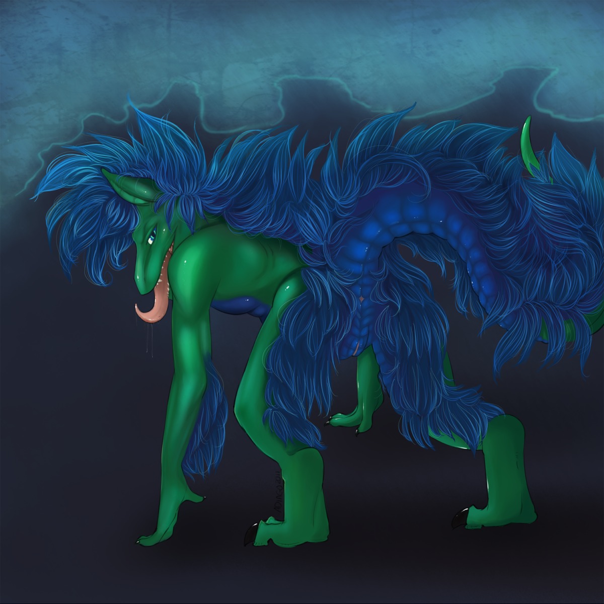 2011 adiago anthro anus blue dragon female flat_chest green looking_back nude presenting pussy raised_tail rule34 solo tail tongue