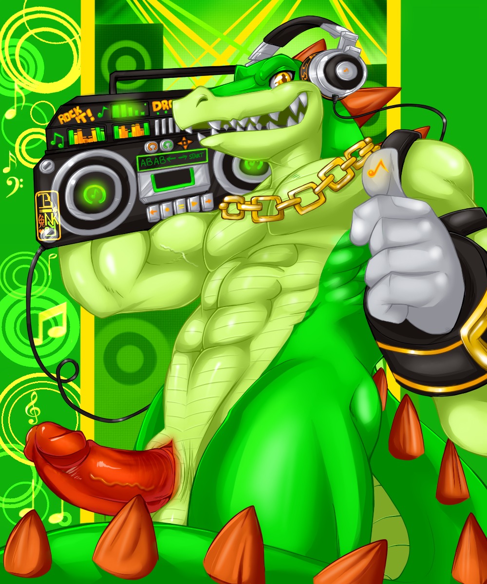 1boy abs anthro color crocodile furry green_skin headphones highres male male_only muscles music_note necklace nude penis radio reptile rule34 scalie sega solo sonic_(series) sonic_the_hedgehog_(series) thumbs_up vector_the_crocodile yellow_eyes