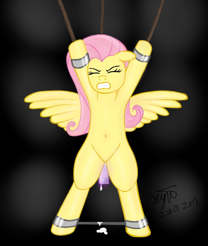 2012 ambiguous_penetration ankle_cuffs bdsm black_background bodily_fluids bondage bound clenched_teeth cuff_(restraint) cum dildo e621 equid equine eyes_closed feathered_wings feathers female fluttershy_(mlp) friendship_is_magic fur genital_fluids hair hasbro magic mammal masturbation my_little_pony mythological_creature mythological_equine mythology navel pegasus penetration pink_hair restrained restraints rope sex_toy shackles simple_background solo spread_legs spreader_bar spreading submissive submissive_female teeth toying_self vibrator wings xyi yellow_body yellow_feathers yellow_fur