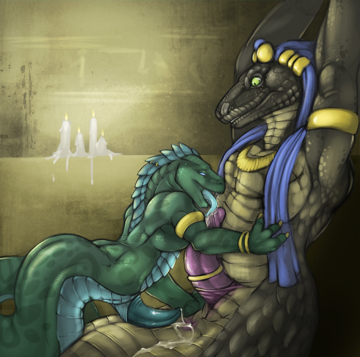 2011 accessory anal animal_genitalia anthro anthro_on_anthro anus apode armlet big_penis blue_body blue_countershading blue_eyes blue_penis blue_tongue bodily_fluids bracelet brown_body brown_scales candle claws cock_ring conditional_dnp countershading cum cum_in_ass cum_inside cum_on_tail digital_media_(artwork) draconcopode duo e621 egyptian erection forked_tongue genital_fluids genital_slit genitals green_body green_eyes green_penis green_scales inside jewelry larger_male legless licking long_tongue looking_down male male/male male_penetrated male_penetrating male_penetrating_male messy muscular naga necklace nude open_mouth oral penetration penile penis penis_accessory penis_jewelry penis_lick piercing pupils raised_arm reptile saliva scales scalie serpentine sex sheath side_view size_difference slit_pupils smaller_male snake spots tail tan_body tan_countershading tapering_penis teal_penis thick_penis tojo_the_thief tongue tongue_out ventral_scales