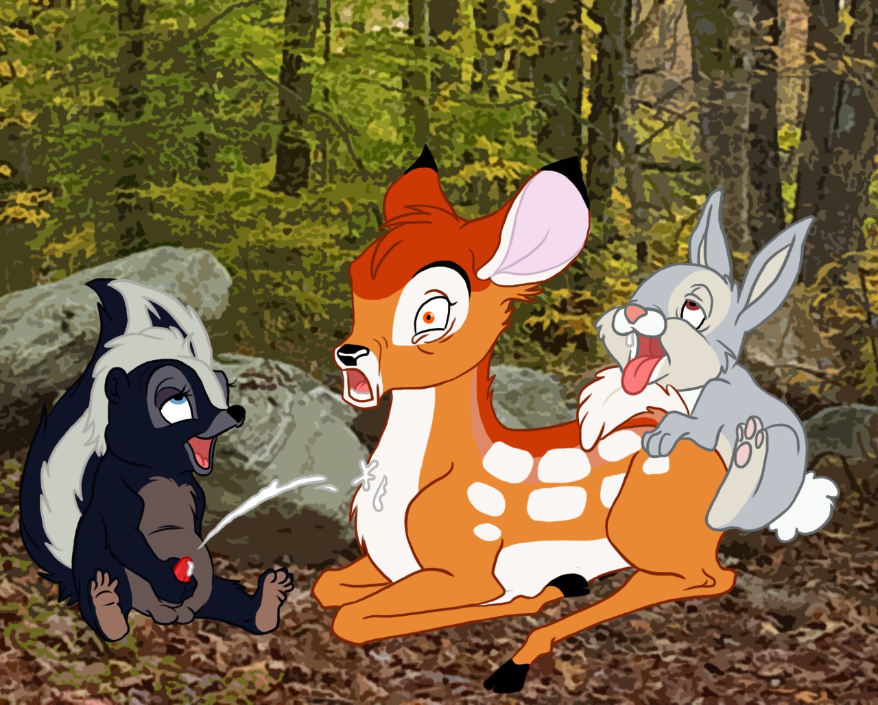 3boys bambi_(character) bambi_(film) cub deer disney feral flower_(bambi) gay male male_only penis rabbit rule34 skunk tagme thumper what yaoi
