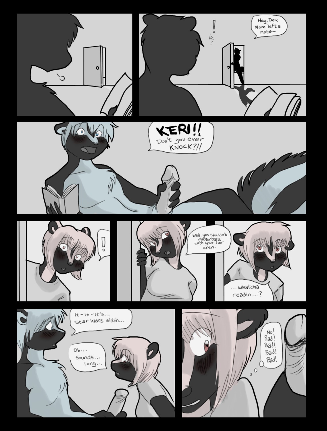 adolescent anthro awkward blockage_(layout) blue_body blue_countershading blue_eyes blue_hair blush bold_text brother_(lore) brother_and_sister_(lore) caught_in_the_act caught_masturbating comic content_repetition countershading devon_(nikora_angeli) dialogue door duo e621 eight_frame_image english_text erection exclamation_point female fur genitals glans hair hi_res horizontal_blockage horizontal_staggering humanoid_genitalia humanoid_penis incest_(lore) inner_monologue intraspecies keri_(nikora_angeli) looking_at_genitalia looking_at_penis lying male male/female mammal masturbation mephitid name_drop name_in_dialogue name_shout nikora_angeli nude on_back open_mouth partial_line_speech_bubble partial_line_thought_bubble penile penile_masturbation penis pink_body pink_fur pink_hair repeated_dialogue repeated_internal_monologue repeated_text short_hair sibling_(lore) sister_(lore) skunk speech_bubble staggering_(layout) stated_incest striped_skunk stuttering tail text text_emphasis thinking thought_bubble twincest_(lore) twins_(lore) walk-in young