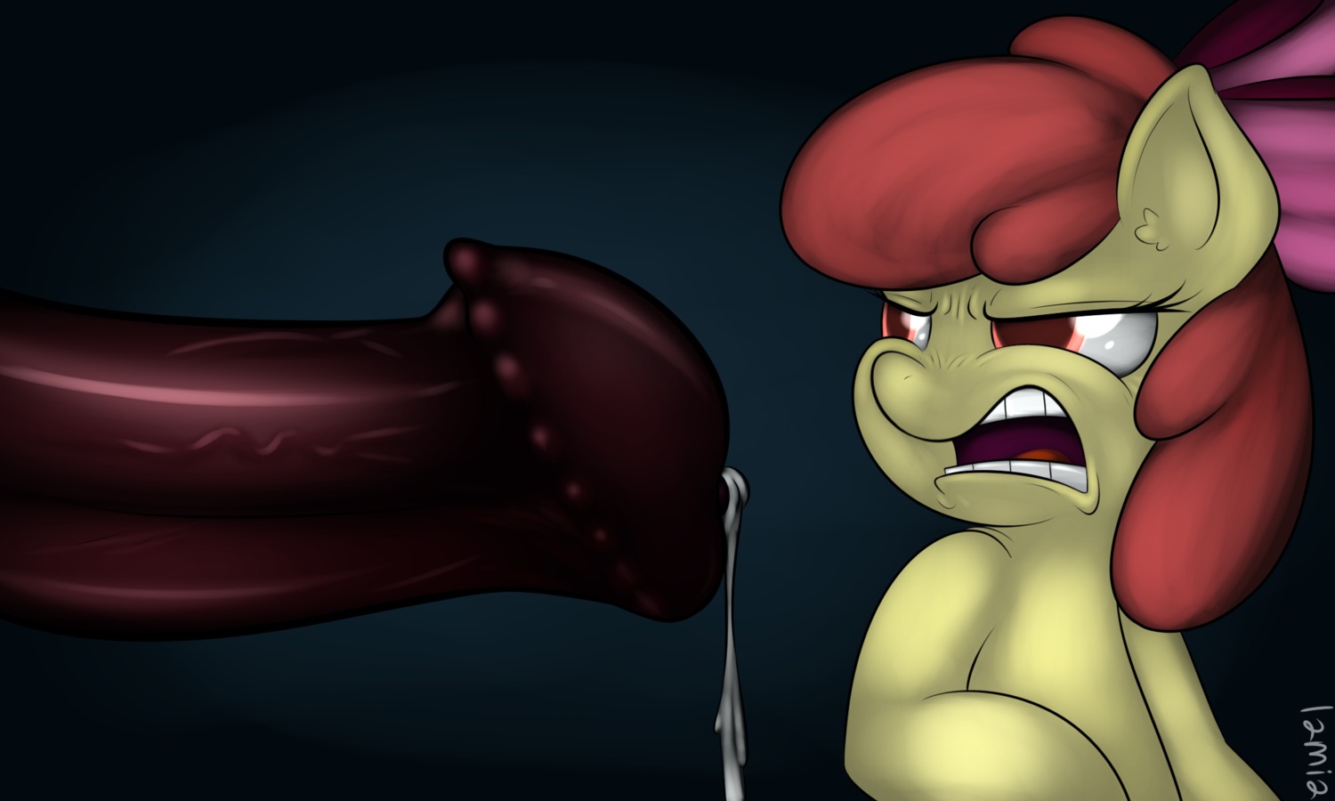 2013 5:3 animal_genitalia animal_penis apple_bloom_(mlp) big_penis bodily_fluids digital_media_(artwork) disembodied_penis duo e621 earth_pony equid equine equine_genitalia equine_penis erection female female_focus feral friendship_is_magic frown genital_fluids genitals hair hasbro hi_res horse huge_penis lamiaaaa male male/female mammal my_little_pony penis pony precum reaction_image red_hair solo_focus young_(lore)