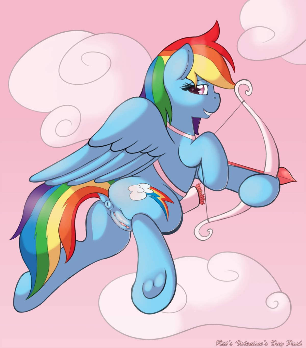2014 absurd_res anus arrow_(weapon) blue_body blue_feathers blue_fur bow_(weapon) clitoral_winking clitoris cloud cupid cutie_mark digital_media_(artwork) e621 equid equine feathered_wings feathers female female_feral feral flying friendship_is_magic fur genitals hair half-closed_eyes hasbro hi_res holding_object holding_weapon hooves looking_at_viewer mammal multicolored_hair multicolored_tail my_little_pony mythological_creature mythological_equine mythology narrowed_eyes outside pegasus purple_eyes quiver_(object) rainbow_dash_(mlp) rainbow_hair rainbow_tail raised_tail ranged_weapon ratofdrawn shaded simple_background sky skyscape smile solo tail teeth vulva weapon wings