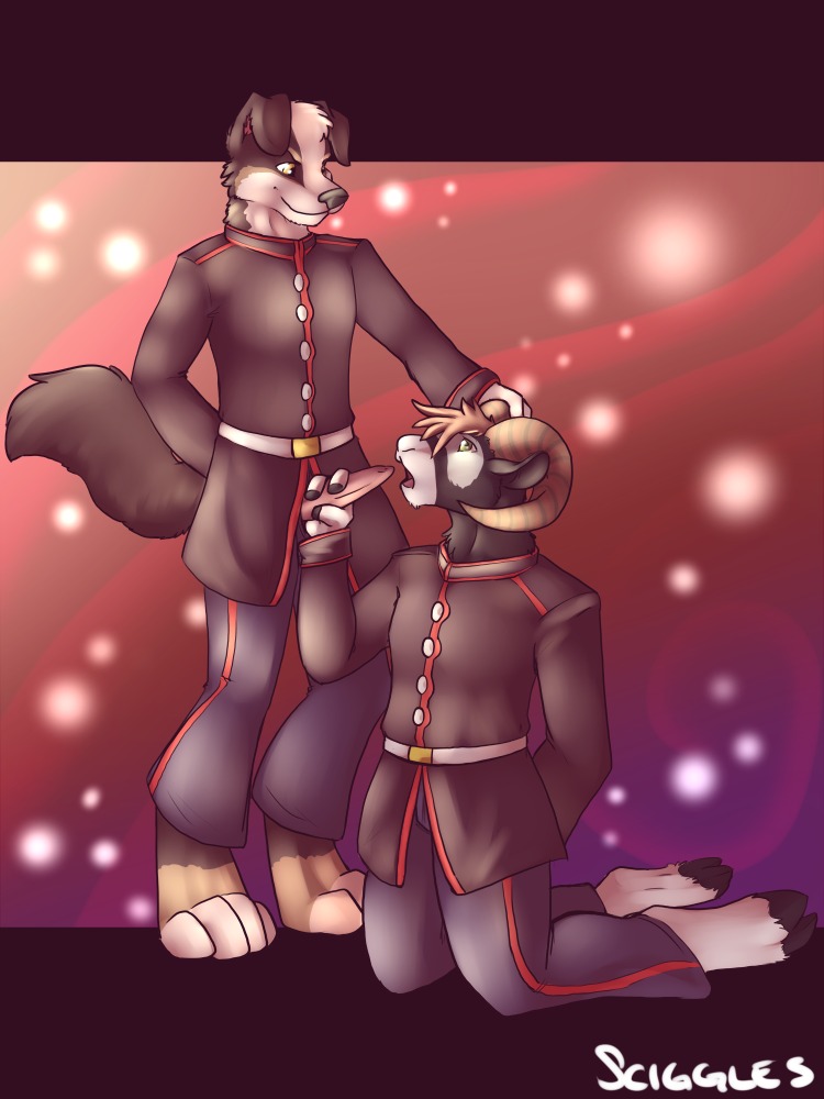 anthro bai black brown brown_hair canine caprine domestic_dog eye_contact gay green_eyes hair hobbesdawg hooves horns looking_at_another male mouth open_mouth penis ram rule34 sciggles sheep tail uniform yellow_eyes