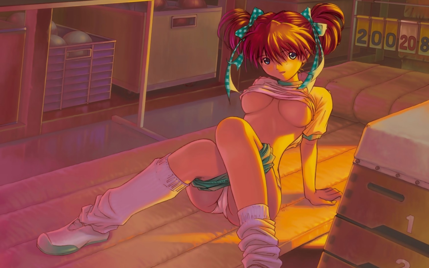 asuka_langley_sohryu bow bows breasts brown_hair buruma buruma_pull clothing duplicate dusk female footwear gym gym_storage_room gym_storeroom gym_uniform hair hair_ribbon high_res highres kneehighs kobayashi_yuji kobayashi_yuuji legs loose_socks medium_breasts neon_genesis_evangelion no_bra oppai panties ribbon rule34 school shirt shirt_lift shitapai shorts shorts_pull sitting socks sunlight tied_hair twintails underboob underwear uwabaki vaulting_horse wallpaper white_socks