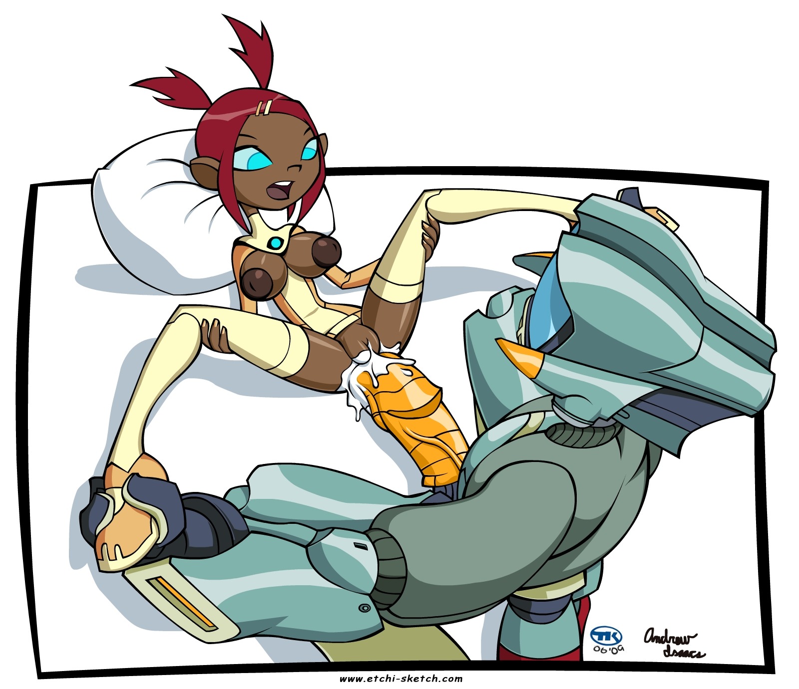 1boy 1girls brown_skin canti clothing crossover cum dark-skinned_female dark_areolae dark_skin female flcl functionally_nude_female inverted_nipples male penis pillow puffy_areolae robot robot_boy rule34 sari_sumdac screen_face screen_head spread_legs straight thighhighs transformers transformers_animated turk128 uncensored utf2005 white_background