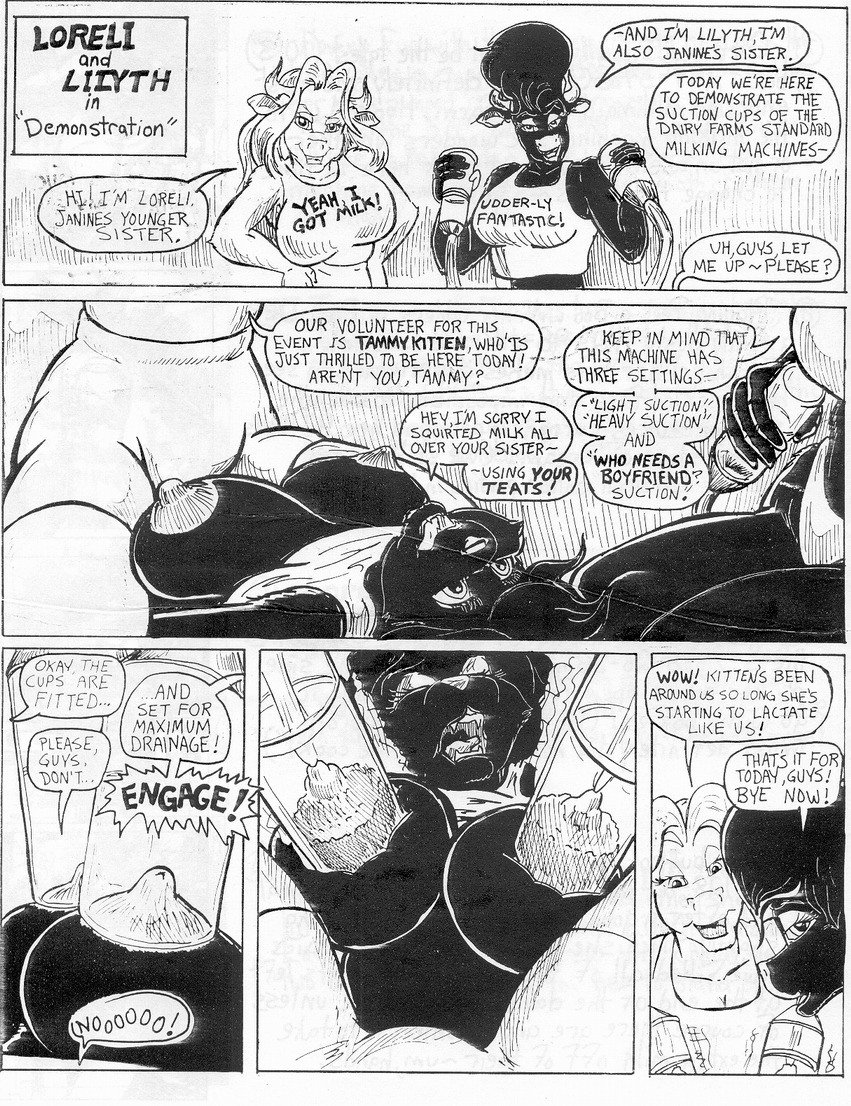1999 areola bdsm big_areola big_breasts black_body black_fur black_hair blonde_hair bodily_fluids bondage bottomwear bound bovid bovine breast_milking breasts butt cattle clothed clothing clothing_lift comic denim denim_clothing dialogue domestic_cat e621 english_text erect_nipples eyelashes eyeshadow felid feline felis female forced fur greyscale group hair horn huge_breasts lactating lilyth long_nipples looking_back loreli machine makeup mammal milk milking_machine monochrome nervous nipples nude oscar_marcus punishment sarcasm shirt shirt_lift shorts spandex spandex_shorts stretched_nipples sucking suction_cup tammy_kitten text tight_bottomwear tight_clothing tight_shorts topwear white_body white_fur