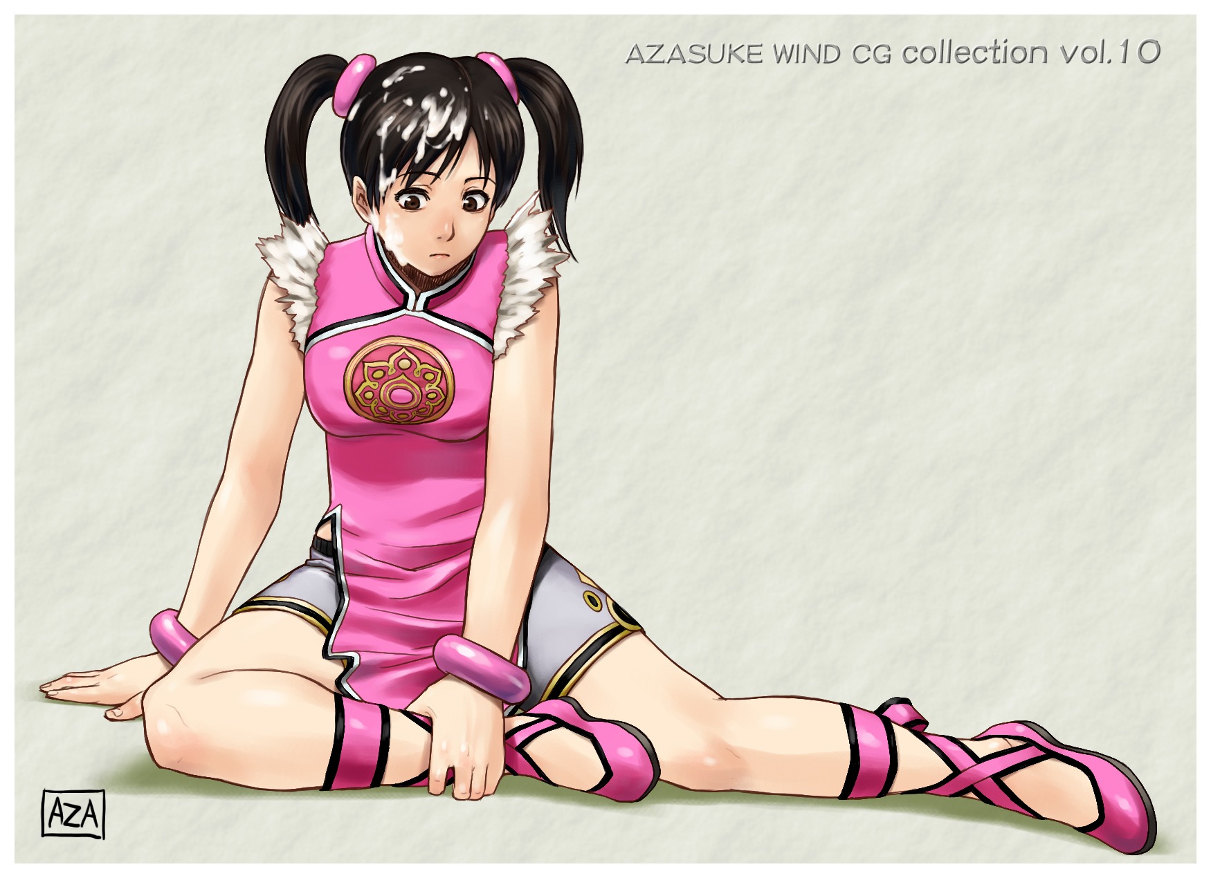 arm_support azasuke black_hair bracelet brown_eyes china_dress chinese_clothes cum cum_on_body cum_on_hair cum_on_upper_body facial female female_only highres human jewelry ling_xiaoyu namco rule34 shorts sitting solo tekken tekken_3 tied_hair twintails