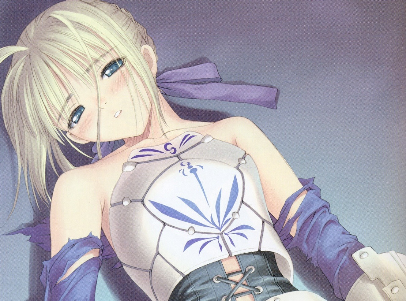1girls armor artoria_pendragon bare_shoulders blonde_hair blush fate/stay_night fate_(series) female female_only looking_at_viewer rule34 solo taka_tony torn_clothes