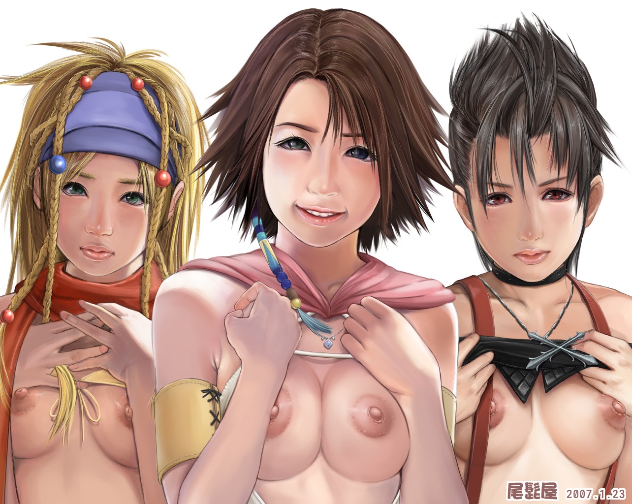 2d 3girls blonde_hair braid breasts brown_hair female female_only final_fantasy final_fantasy_x-2 green_eyes heterochromia multiple_females multiple_girls nipples ohigetan paine perky_breasts red_eyes rikku rule34 small_breasts smile yuna yuna_(gunner)