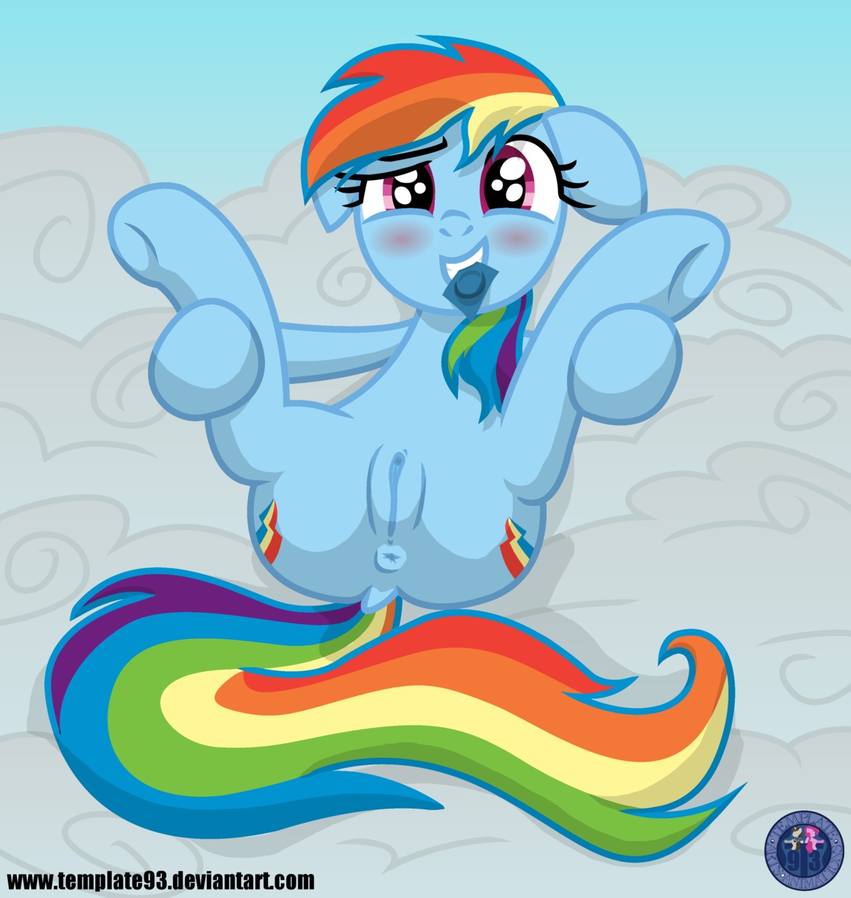 2013 absurd_res anus blue_body blue_fur blush cloud condom condom_in_mouth cutie_mark e621 equid equine female feral friendship_is_magic fur genitals hair hasbro hi_res horse inviting looking_at_viewer lying mammal mouth_hold multicolored_hair multicolored_tail my_little_pony nude object_in_mouth offering_condom on_back outside pony presenting purple_eyes rainbow_dash_(mlp) rainbow_hair rainbow_tail sexual_barrier_device sky skyscape solo spread_legs spreading tail template93 vulva