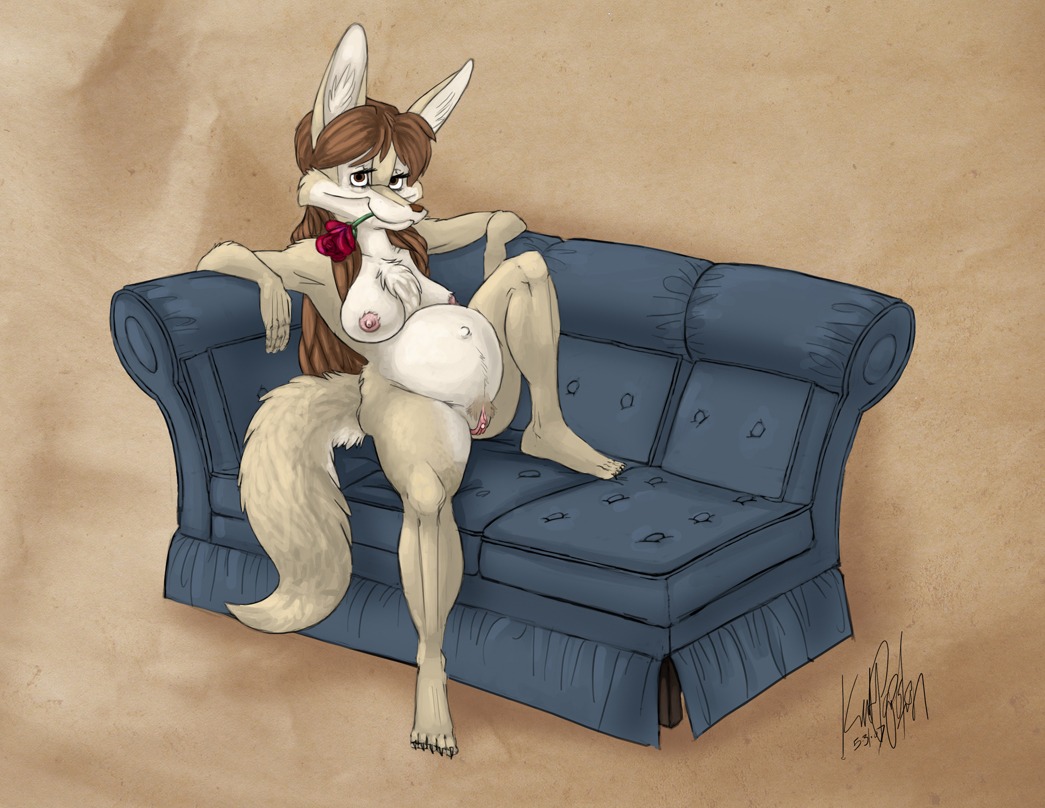 anthro background_pattern breasts canine clitoral_hood clitoris female fennec fox fur furry furry_ears furry_tail inviting kptoons nipples nude plump_labia pregnant pussy rose rose_in_mouth rule34 sofa solo tail