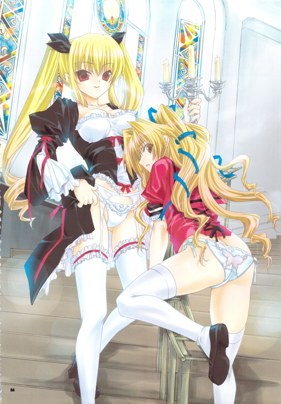 2girls akazawa_red blonde_hair brown_eyes female garter_belt kaminendo_corporation multiple_females multiple_girls page_4 panties red_eyes rule34 side-tie_panties tagme thighhighs twintails
