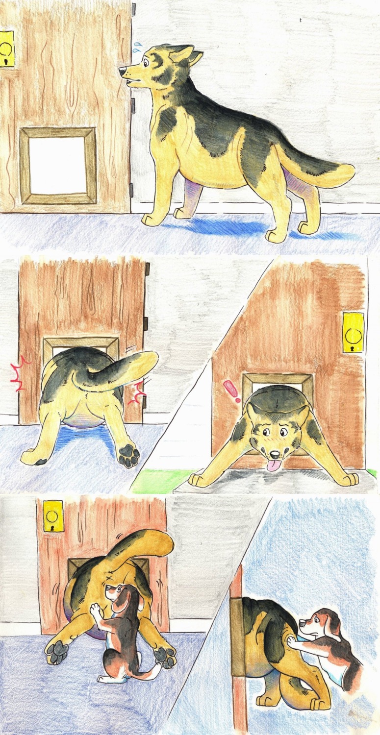 absurd_res ambiguous_gender anus beagle canid canine canis colored_pencil_(artwork) comic domestic_dog duo e621 exclamation_point feral german_shepherd herding_dog hi_res hunting_dog mammal nude overweight pastoral_dog pushing quadruped scent_hound solo_focus stuck tail tongue tongue_out traditional_media_(artwork) tulip_(artist) x_anus