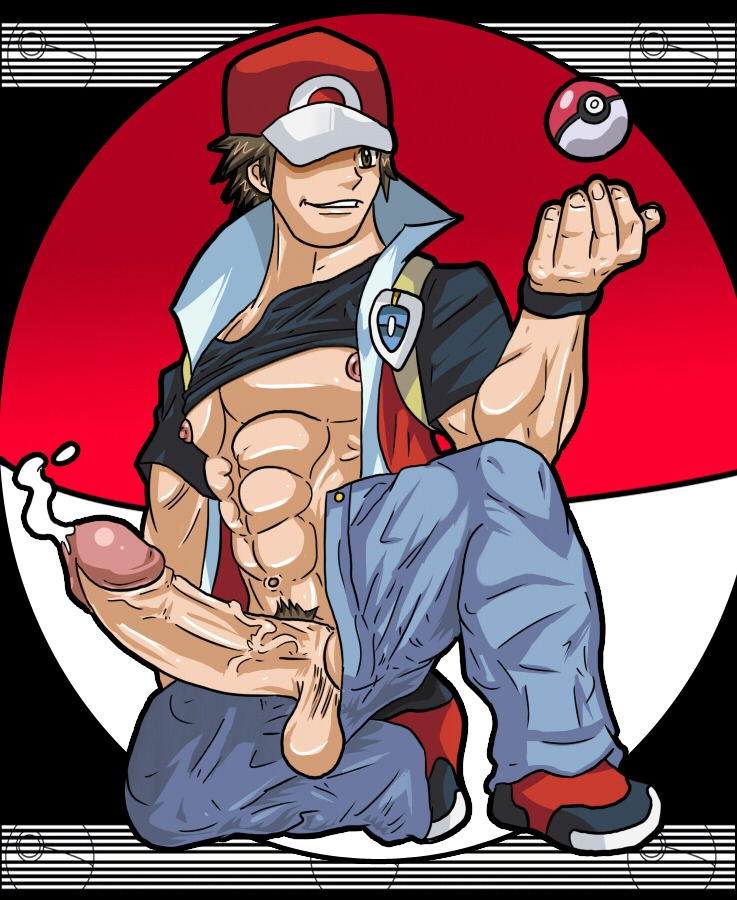 abs balls big_penis bodily_fluids cum cumshot e621 ejaculation erection genital_fluids genitals glans grandfathered_content human human_only humanoid_genitalia humanoid_penis kshash male mammal muscular muscular_human muscular_male nintendo not_furry orgasm penis pokemon pokemon_trainer red_(pokemon) solo vein