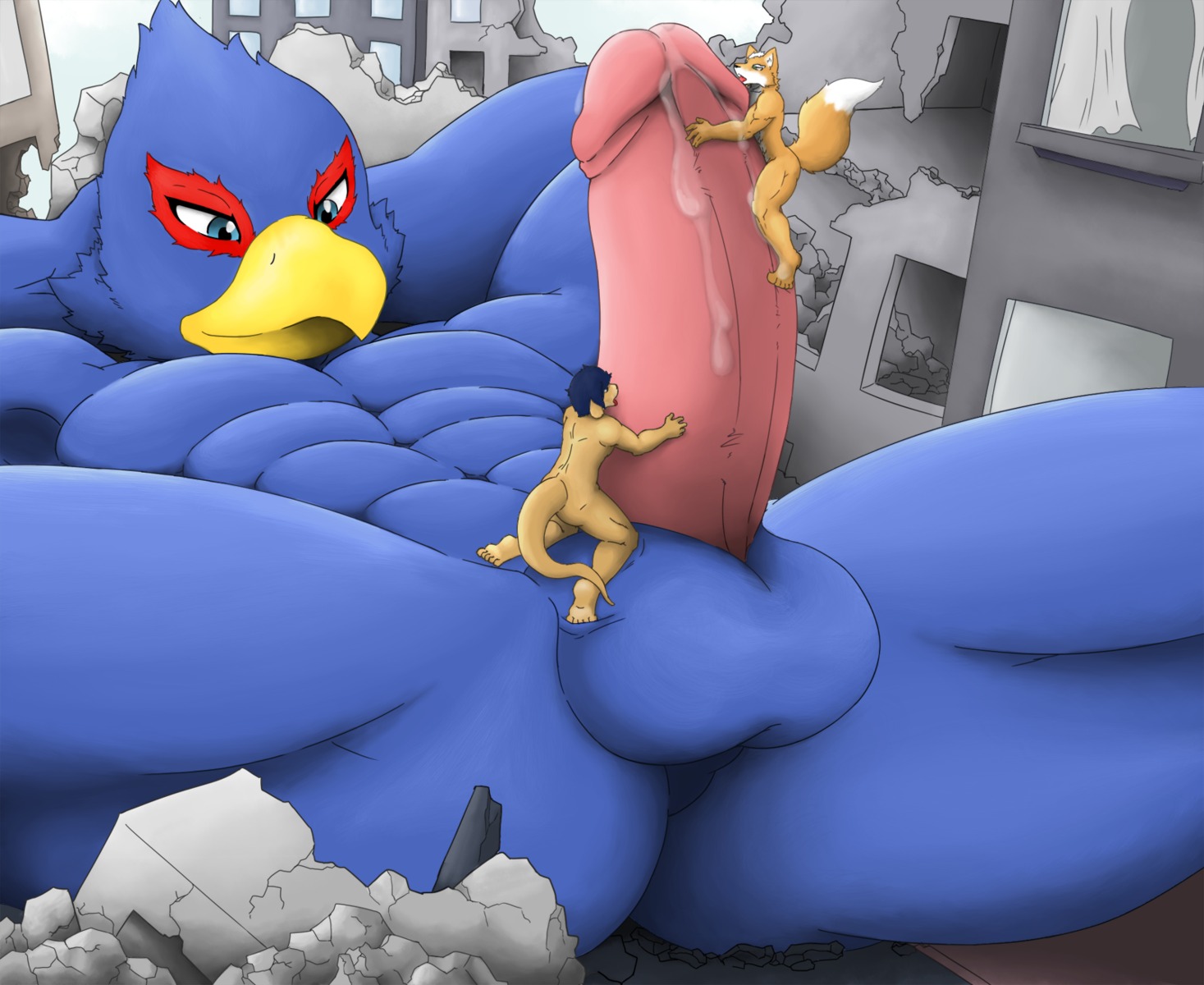abs animal_genitalia anthro anthro_on_anthro athletic avian balls beak biceps big_muscles big_penis bird blue_body blue_eyes blue_feathers blue_hair bodily_fluids body_worship brown_body brown_fur butt canid canine croiyan destruction e621 erection falco_lombardi feathers flexing fox fox_mccloud fur genital_fluids genital_worship genitals green_eyes group hair hands_behind_head hi_res humanoid_genitalia humanoid_penis interspecies kangaroo leaking licking lying macro macropod male male/male mammal marsupial muscular muscular_male nintendo nude on_back pecs penile penis penis_worship pose precum presenting sex star_fox tamerlane92 tongue tongue_out white_body white_fur white_hair wmruckwr