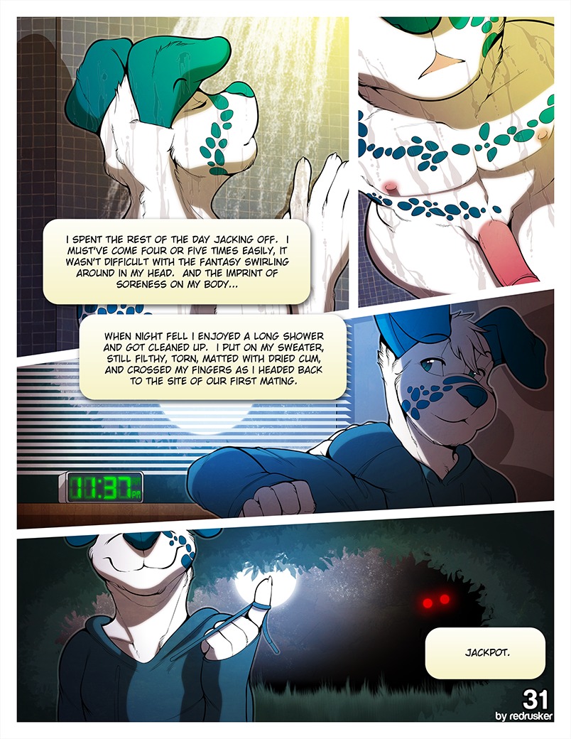 2013 alone_in_the_woods anthro canid canine canis clock clothing comic dalmatian digital_media_(artwork) disembodied_eyes domestic_dog duo e621 english_text erection fur genitals hoodie humanoid_genitalia humanoid_penis looking_at_another male male/male mammal moon multiple_scenes night nipples nude number outside page_number peeping penis red_eyes redrusker sea_salt shower sky smile solo_focus star starry_sky text topwear window