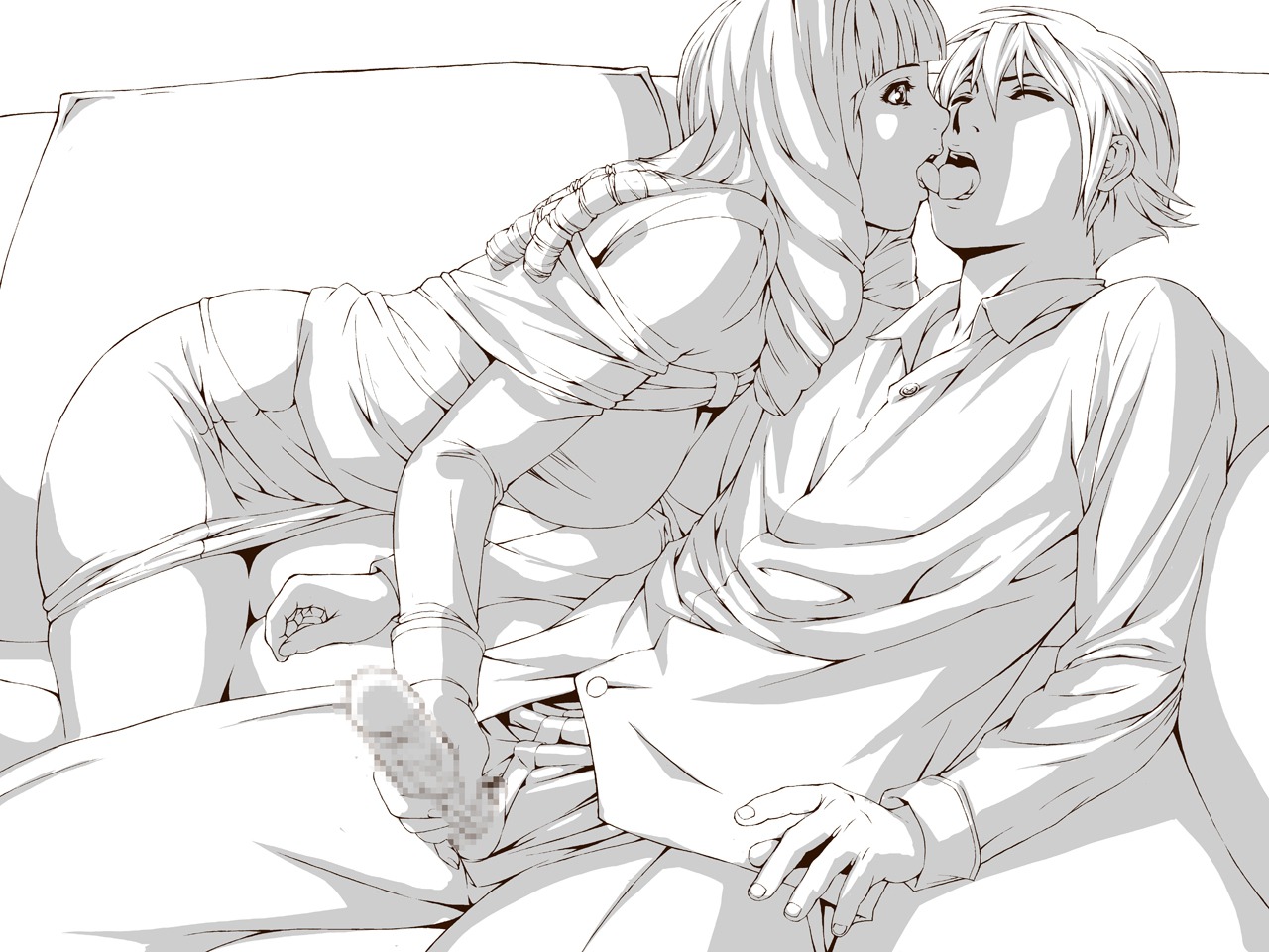 1boy 1girls azuki_miyuki bakuman censored female handjob male mashiro_moritaka milf monochrome penis pull_top rule34
