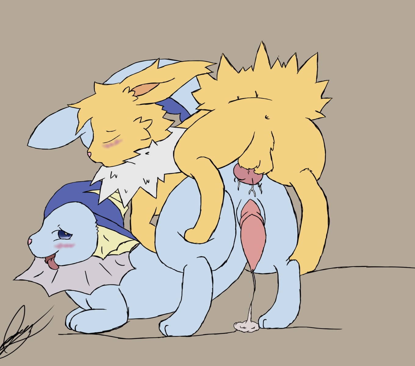 all_fours anal anal_penetration animal_genitalia animal_penis anus aquatic backsack balls blue_body blue_eyes blue_skin blush bodily_fluids canid canine canine_genitalia canine_penis cum cum_on_ground cum_while_penetrated digitigrade doggystyle duo e621 eeveelution ejaculation erection eyes_closed feral feral_on_feral fish_tail frill_(anatomy) from_behind_position fur generation_1_pokemon genital_fluids genital_slit genitals hair hands-free happy hi_res jolteon knot leon_ashford looking_pleasured male male/male male_penetrated male_penetrating male_penetrating_male mammal membrane_(anatomy) narrowed_eyes neck_frill neck_tuft nintendo open_mouth orgasm paws penetration penile penile_penetration penis penis_in_ass pink_penis pokemon pokemon_(species) raised_tail sex signature simple_background skyffan smile tail tail_ridge teeth tongue tongue_out tuft vaporeon white_body white_fur yellow_body yellow_fur yellow_membrane