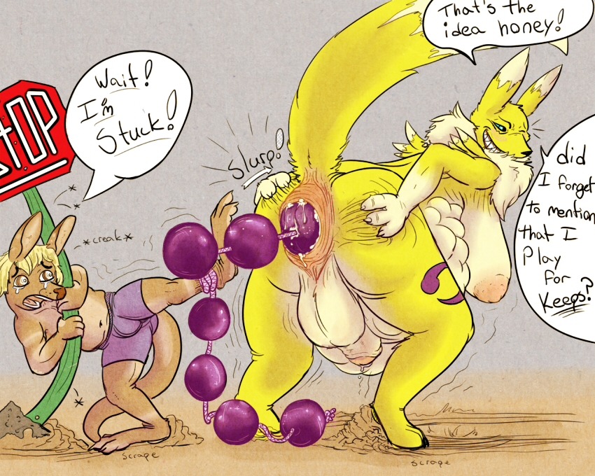 1boy 1futa anal_beads anthro anus balls bent_over clothes color digimon fur furry futa_with_male futanari intersex interspecies male nude penis renamon rule34 size_difference strikeanywhere tagme testicles topless