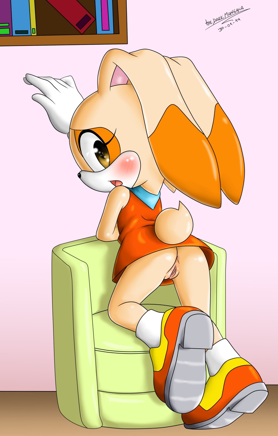 absurd_res all_fours anthro anus bottomwear butt clothed clothing cream_the_rabbit e621 female genitals gloves handwear hi_res lagomorph leaning leaning_forward leporid looking_at_viewer looking_back mammal no_underwear rabbit sega skirt solo sonic_the_hedgehog_(series) the_dark_mangaka upskirt vulva young young_anthro
