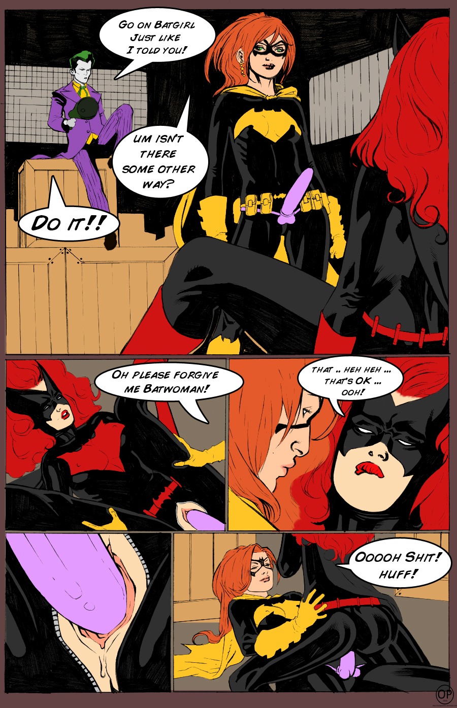 all-star_batman_and_robin barbara_gordon batgirl batman_(series) batwoman clothing comic dc dc_comics dimsumboy22 female joker kate_kane multiple_females multiple_girls rule34 scott_jones shade shade_jones strap-on strapon yuri
