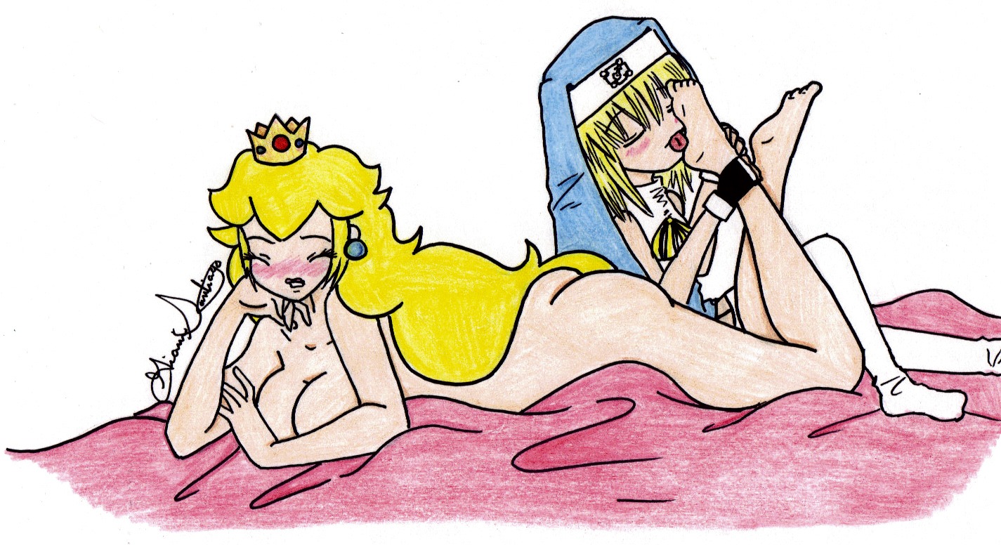 1boy 1girls bridget crossover female femboy femboy_on_female g2cutiex2 guilty_gear licking licking_feet licking_foot male male/female mario_(series) nintendo princess_peach rule34 straight super_mario_bros. traditional_media_(artwork)