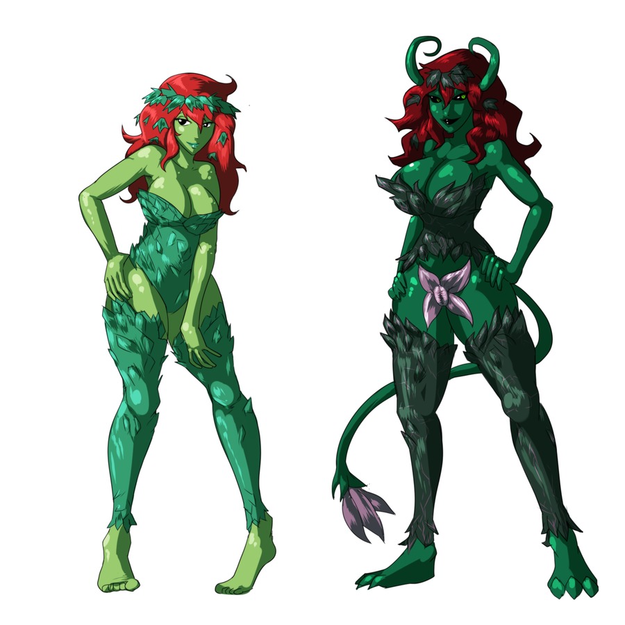 1:1 barefoot before_and_after big_breasts black_sclera bottomless breasts claws clothed clothing corruption dc_comics demon duo e621 elemental_creature feet female flora_fauna genitals green_body green_eyes green_skin growth hair humanoid lemonfont not_furry plant poison_ivy_(dc_comics) red_hair simple_background smile tail tail_growth transformation vulva