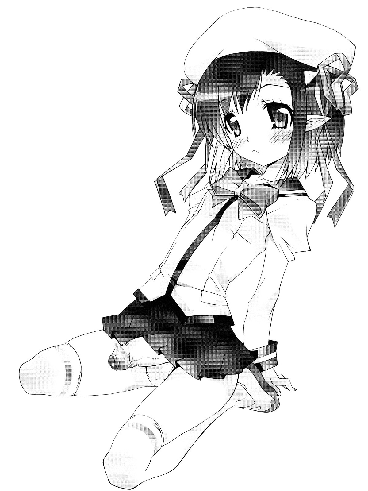 1futa futa_only futanari hat highres intersex monochrome mudou_eichi panties penis rule34 skirt solo thighhighs underwear