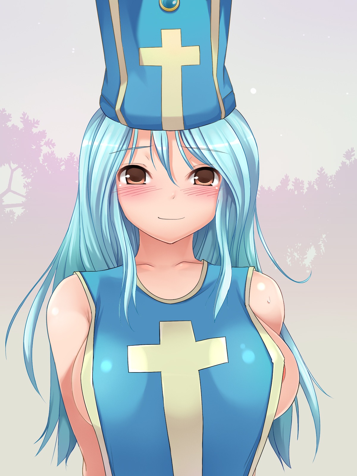 blue_hair blush breasts brown_eyes clothing dragon_quest dragon_quest_iii female hat heart_dorobow highres medium_breasts naked_apron priest_(dq3) rule34 shy_expression smile