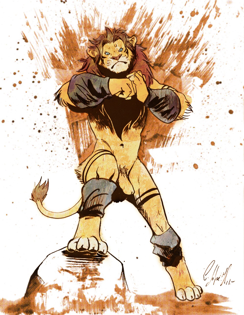 angry anthro biped boulder e621 felid genitals hi_res lion male mammal negy nude pantherine penis rock shin_(negy) simple_background solo standing step_pose tail white_background