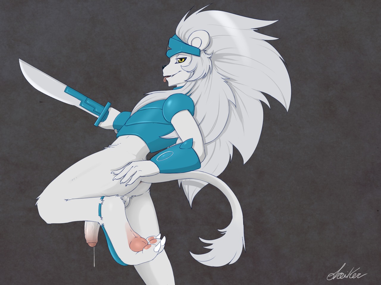 2013 3_toes 4:3 anthro anus armor backsack balls bandai_namco biped bodily_fluids butt claws digimon digimon_(species) digital_media_(artwork) digitigrade dreiker e621 feet femboy fighting_pose foreskin fur genital_fluids genitals grin hair half-erect hindpaw holding_melee_weapon holding_object holding_sword holding_weapon humanoid_genitalia humanoid_penis leaking long_hair male melee_weapon on_one_leg partially_retracted_foreskin pawpads paws penis pose precum smile soles solo spadamon standing sword toes tongue tongue_out weapon white_body white_fur white_hair white_penis yellow_eyes