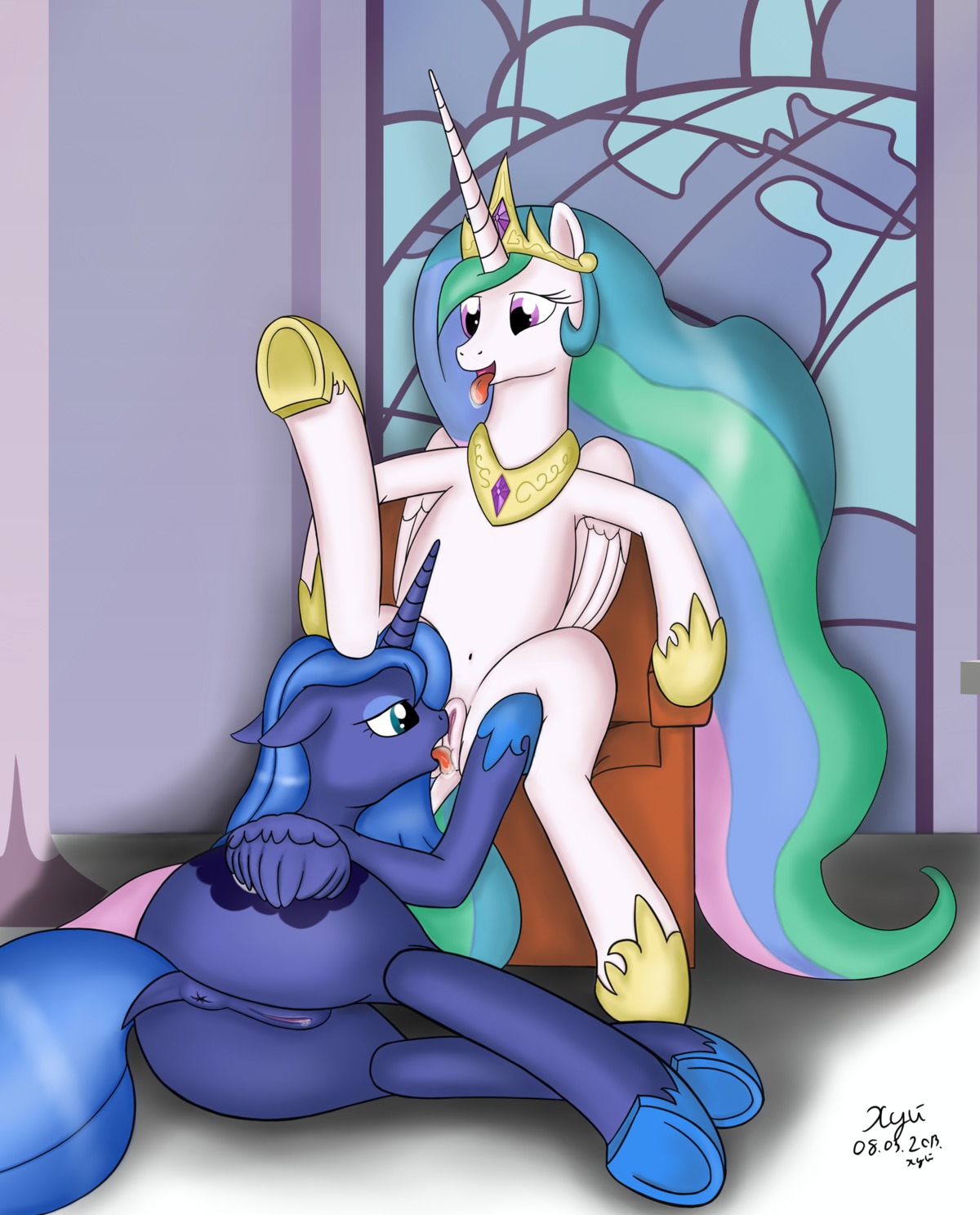 2013 absurd_res anal anus blue_body blue_eyes blue_feathers blue_hair bodily_fluids butt crown cutie_mark drooling duo e621 equid equine feathered_wings feathers female female/female feral friendship_is_magic genitals hair hasbro headgear hi_res horn incest_(lore) licking mammal multicolored_hair my_little_pony mythological_creature mythological_equine mythology oral princess princess_celestia_(mlp) princess_luna_(mlp) purple_eyes rimming royalty saliva sex sitting tail tongue tongue_out vulva white_body white_feathers winged_unicorn wings xyi