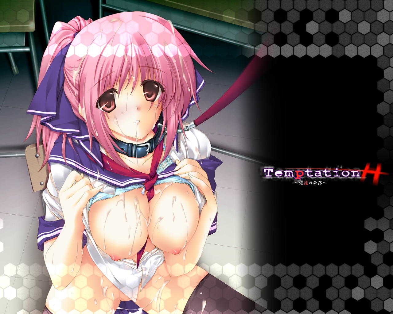 5:4 after_sex breasts choker cum cum_on_body cum_on_breasts cum_on_hair cum_on_upper_body female hair huge_breasts iizuki_tasuku kirihara_mana large_breasts leash lipstick makeup pink_hair ribbon rule34 school_uniform sweat temptation temptation_h wallpaper