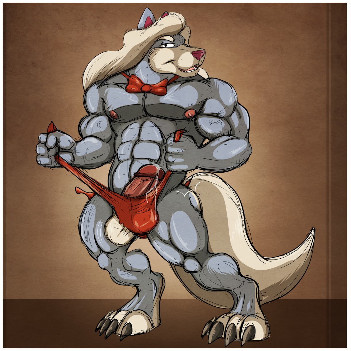 1:1 aaron_(artist) abs animaniacs anthro balls biceps big_balls big_penis biped blonde_hair bodily_fluids border bow_(feature) bow_tie bulge canid canine canis clothed clothing cum digital_media_(artwork) e621 erection genital_fluids genitals hair hi_res humanoid_genitalia humanoid_penis looking_at_viewer male mammal muscular muscular_anthro muscular_male mythological_canine mythological_creature mythology nipples pecs penis pose precum solo speedo swimwear tail thick_penis torn_clothing vein warner_brothers werecanid werecanine werecreature werewolf white_border wilford_wolf wolf