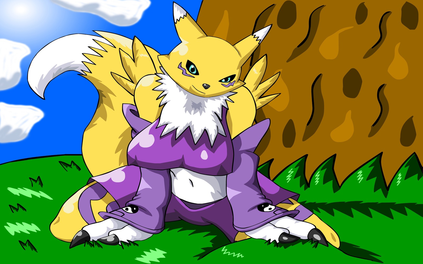 anthro black_sclera clothing color cyan_eyes day digimon female female_only front_view fur furry looking_at_viewer outdoors raised_tail renamon rule34 sitting solo tagme tail vanillacreamkris