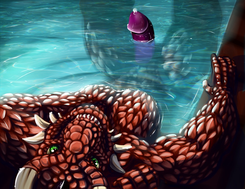 2012 anthro argonian bathing bodily_fluids brun_(brunalli) e621 easyspark erection genital_fluids genitals green_eyes grin horn looking_at_viewer male microsoft nude partially_submerged penis penis_peeking_out_of_water precum red_body red_scales reptile scales scalie smile solo the_elder_scrolls water