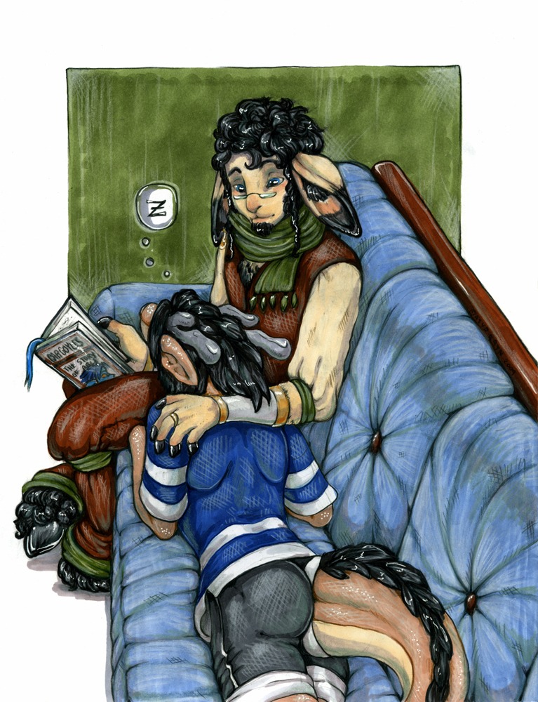 acidapluvia alexi_(caedere) anthro book bovid caprine dragon duo e621 eyewear genitals glasses goat hooves horn male mammal mythological_creature mythological_scalie mythology penis sarryn scalie sleeping tail