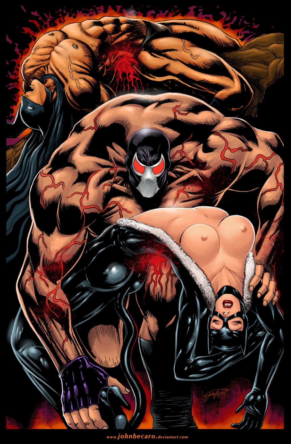1girls 2boys arched_back ass backbreaker bane batman batman_(bruce_wayne) batman_(series) blood breasts bruce_wayne catwoman dc dc_comics exposed_breasts female latex latex_suit lipstick male muscles nipples rule34 ryona selina_kyle veins wrestling