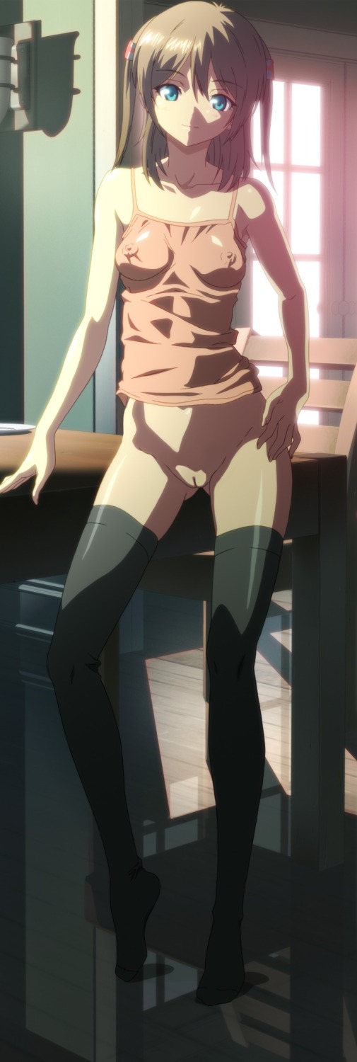 black_legwear bloom blue_eyes bottomless breasts brown_hair camisole erect_nipples feet female high_resolution kamimura_chika looking_at_viewer natsu_no_saigo_no_hi nipples no_panties posing pussy rule34 short_hair sisters small_breasts smile solo standing thighhighs uncensored