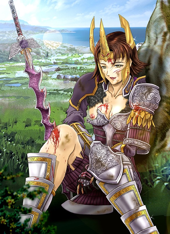 armor blood blood_on_breast blood_on_face blood_on_hand blood_on_leg blood_on_weapon breasts broken_armor brown_hair clothed day detailed detailed_background female female_only front_view ginchiyo_tachibana gloves greaves human lens_flare nipples outdoors pale_skin parted_lips rule34 sengoku_musou short_hair sitting sky solo sword tagme vambraces weapon wounded yellow_eyes