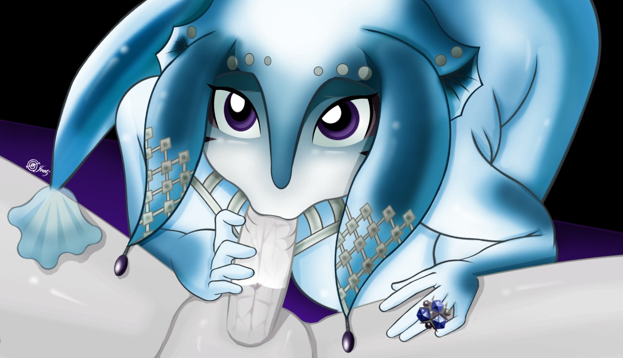 1boy 1girls artist_request blue_skin fellatio female fish_girl fish_tail looking_at_viewer male nintendo nude nude_female ocarina_of_time oral penis pov princess_ruto purple_eyes rule34 the_legend_of_zelda unseen_male_face zora